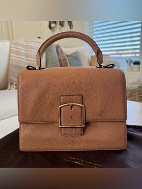 Kate Spade Structured Tan Leather Top-Handle Bag with Gold Buckle and Crossbody